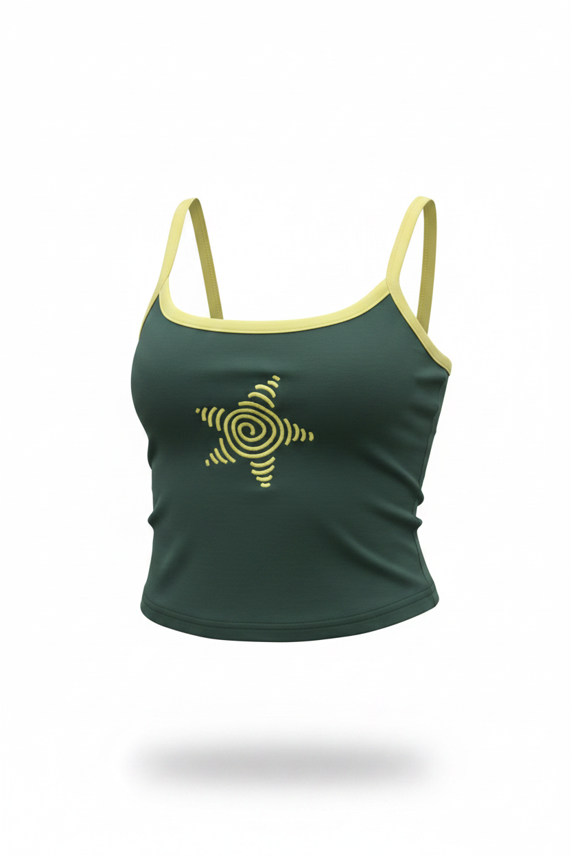 Spiral Star Cami - dark green cropped cami with yellow spiral star graphic